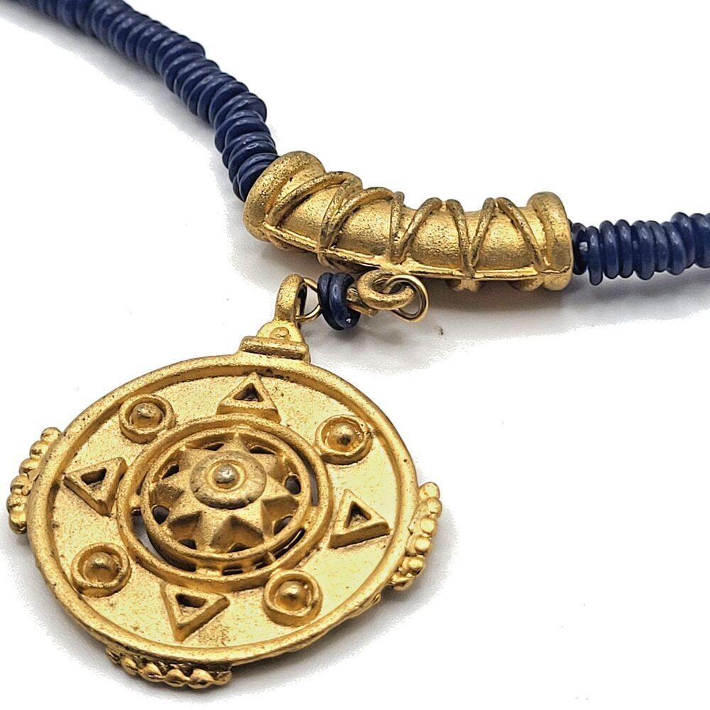 Aztec Style Medallion Pendant Necklace Cobalt Blue Beads 18.5in